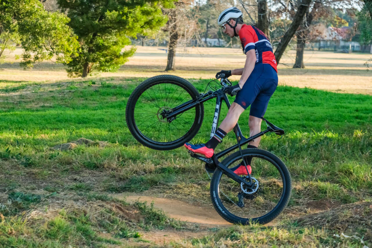 review of mountain bike racer ambrosi massimiliano trek's supercaliber bicycle on location in johannesburg south africa for bike network