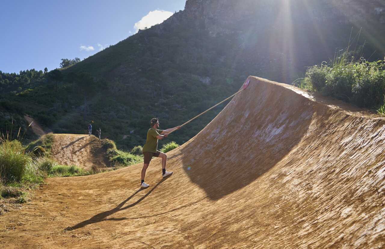 stellenbosch, south africa, 12 april 2023 | preview of the darkfest freeride mountain bike event taking place at hellsend compound in stellenbsoch featuring riders like sam reynolds, kade edwards and theo erlangsen